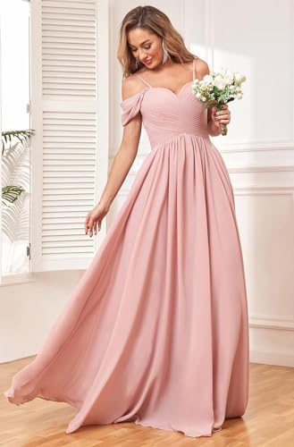 Off The Shoulder Bridesmaid Dresses for Women Long Chiffon Pleated Formal Evening Dress with Pockets
