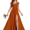 Off The Shoulder Bridesmaid Dresses for Women Long Slit Chiffon Pleated Formal Wedding Guest Dress with Pockets