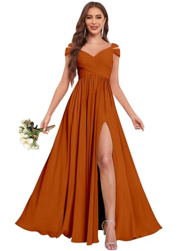 Off The Shoulder Bridesmaid Dresses for Women Long Slit Chiffon Pleated Formal Wedding Guest Dress with Pockets