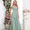 Women's One Shoulder Bridesmaid Dresses Long Ruched Chiffon A Line Formal Party Dress with Pockets