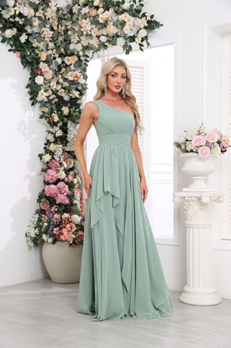Women's One Shoulder Bridesmaid Dresses Long Ruched Chiffon A Line Formal Party Dress with Pockets