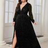 Plus Size Sparkly Formal Maxi Dress Long Sleeve Deep V-Neck Mesh Dresses with Slit Cocktail Wedding Evening Gown