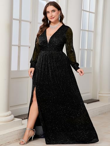 Plus Size Sparkly Formal Maxi Dress Long Sleeve Deep V-Neck Mesh Dresses with Slit Cocktail Wedding Evening Gown
