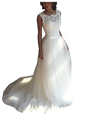 Women's Elegant Lace Wedding Dress A Line Tulle Beach Bridal Gowns Cap Sleeves with Train