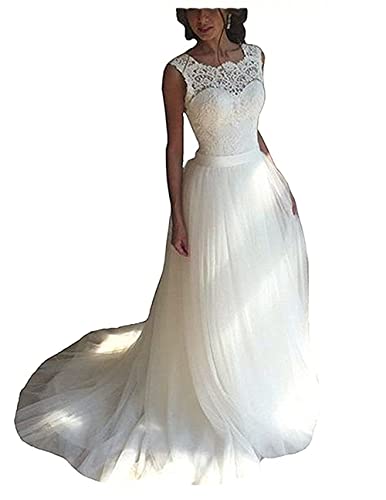 Women's Elegant Lace Wedding Dress A Line Tulle Beach Bridal Gowns Cap Sleeves with Train