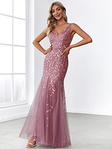 Women's Formal Dress Sequin Tulle Double V-Neck Sleeveless Mermaid Long Evening Dress 07886