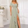 Women's Sweetheart Flutter Sleeves Bridesmaid Dresses with Slit A-line Short Sleeves Chiffon Formal Evening Dress