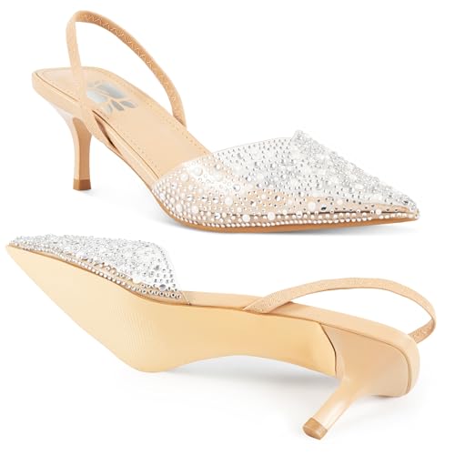 Clear Slingback Heels for Women,Pearl Kitten Heels Sparkly Rhinestone Sandals Pointy Toe Wedding Dress Shoes