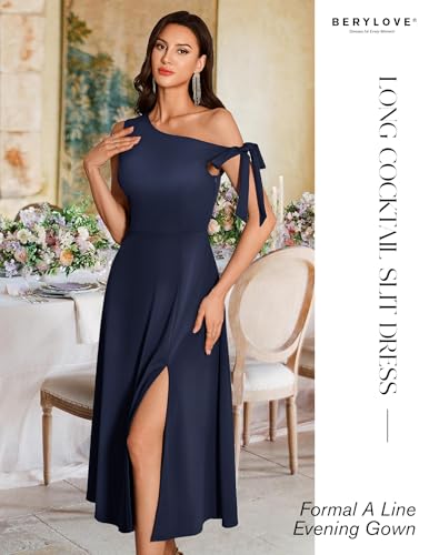 Women's Formal Elegant Wedding Guest Dresses One Shoulder A Line Maxi Cocktail Slit Dress