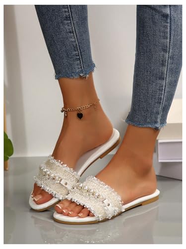 Women's Pearls Chain Flat Sandals Dressy Open Toe Slip On Flats Summer Casual Outdoor Slide Sandals