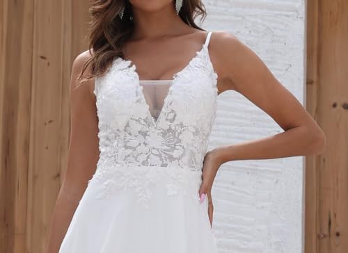 Chiffon Wedding Dresses for Bride Lace Appliques V Neck Long Beach Spaghetti Straps Simple Bridal Gown with Slit