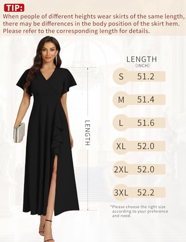 Women's Black Long Formal Dresses Cocktail Wedding Guest Dress Ruffle Split Elegant V Neck Party Gowns