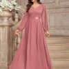 Women's Wedding Guest A-Line Dress Floral Lace Deep V Neck Long Sleeve Formal Evening Gown