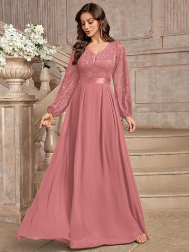 Women's Wedding Guest A-Line Dress Floral Lace Deep V Neck Long Sleeve Formal Evening Gown