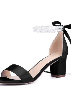 Isobud Women's Open Toe Pearl Wedding Shoes for Bride White Heels with Bow Bridal Shoes Chunky Block Satin Heels Sandals