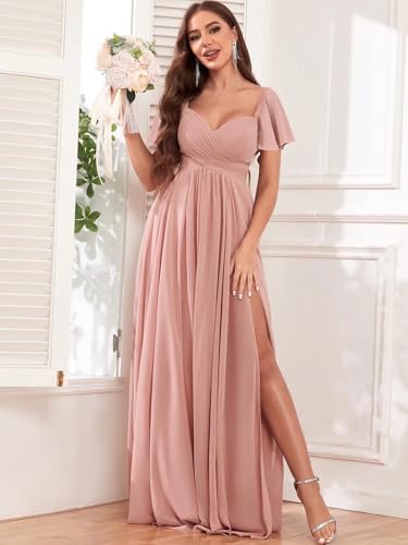 Chiffon Bridesmaid Dresses for Women Flutter Sleeve Pleated V Neck Long Formal Evening Gowns with Slit