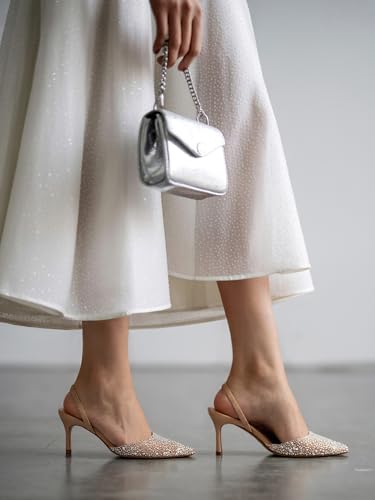 Clear Slingback Heels for Women,Pearl Kitten Heels Sparkly Rhinestone Sandals Pointy Toe Wedding Dress Shoes