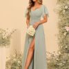 Women's Sweetheart Flutter Sleeves Bridesmaid Dresses with Slit A-line Short Sleeves Chiffon Formal Evening Dress