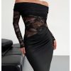 Women's Lace Off Shoulder Wedding Dresses Mesh Sheer Long Sleeve Bodycon Evening Gown