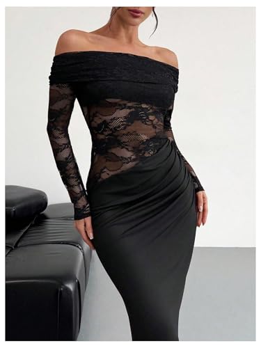 Women's Lace Off Shoulder Wedding Dresses Mesh Sheer Long Sleeve Bodycon Evening Gown