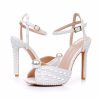 Full Pearls Stiletto heels Sandals Thin High Heels Peep Toe Sandals White Pearls Bridal Wedding Shoes Evening Wedding Sandals