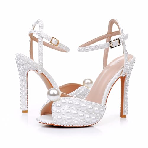 Full Pearls Stiletto heels Sandals Thin High Heels Peep Toe Sandals White Pearls Bridal Wedding Shoes Evening Wedding Sandals