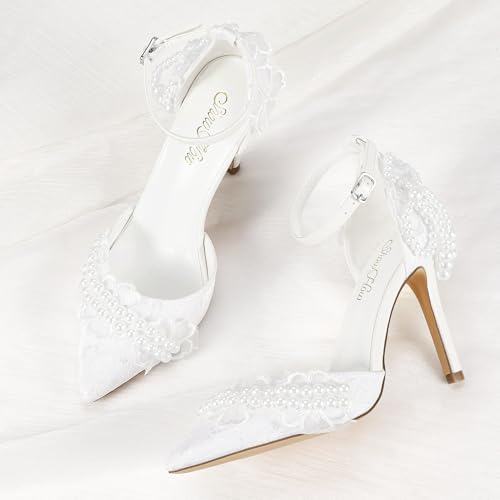 ShowHow Women's High Heels Stiletto Closed Pointed Toe Heels Pearl Lace Wedding Shoes Ankle Strap Pumps Bridal Party Wedding
