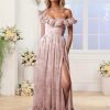 Floral Chiffon Long Bridesmaid Dresses for Women A Line Off Shoulder Formal Evening Gowns with Slit Ruffle Prom Dress