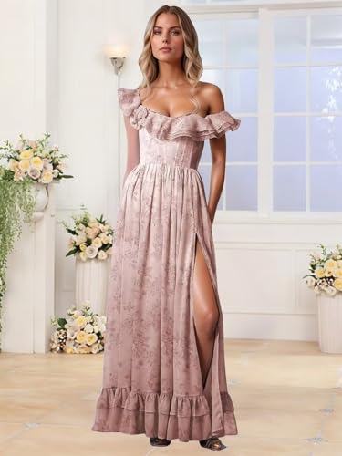 Floral Chiffon Long Bridesmaid Dresses for Women A Line Off Shoulder Formal Evening Gowns with Slit Ruffle Prom Dress