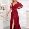 Women's Flutter Sleeves Chiffon Bridesmaid Dresses with Slit Long A Line V-Neck Formal Party Dress with Pockets