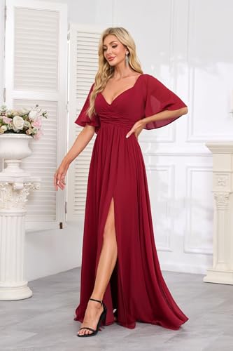 Women's Flutter Sleeves Chiffon Bridesmaid Dresses with Slit Long A Line V-Neck Formal Party Dress with Pockets