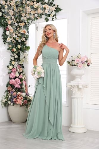 Women's One Shoulder Bridesmaid Dresses Long Ruched Chiffon A Line Formal Party Dress with Pockets