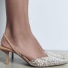 Pearl Kitten Heels for Women Pointed Toe Mesh Rhinestone Heeled Sandals Clear PVC Stiletto Mid Heel for Wedding Party Dress