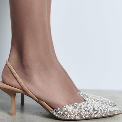 Pearl Kitten Heels for Women Pointed Toe Mesh Rhinestone Heeled Sandals Clear PVC Stiletto Mid Heel for Wedding Party Dress