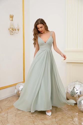 Women's Spaghetti Straps Bridesmaid Dresses Long Simple Chiffon Evening Formal Dress with Slits Pleated A Line Cocktail Gown