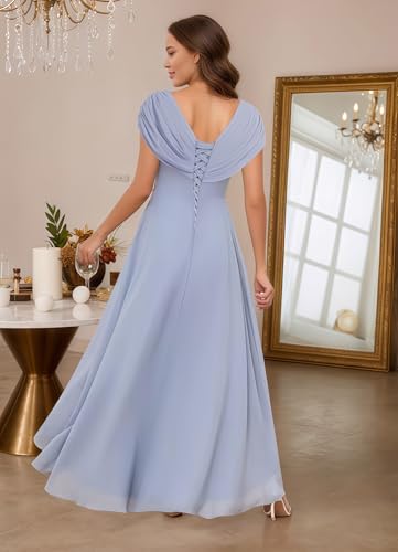 Chiffon Mother of The Bride Dresses A Line Cap Sleeves Evening Gown V Neck Formal Dress for Wedding HS095