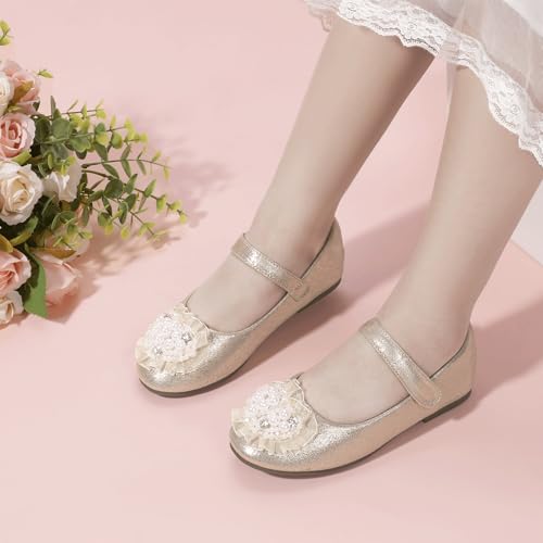 Hehainom Toddler Flower Girl Dress Shoes Rhinstones Pearls Mary Jane Ballet Flats Wedding Party Toddler Little Kid Princess