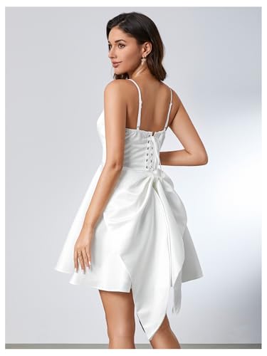 Women's Satin Bow Homecoming Dresses Spaghetti Strap Wedding Guest Gown Summer Mini Dress