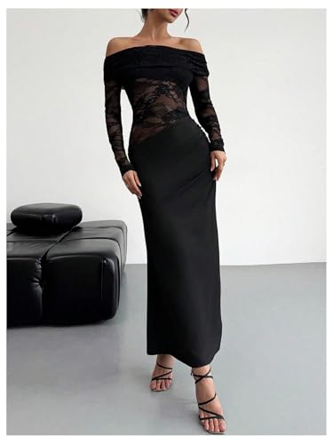 Women's Lace Off Shoulder Wedding Dresses Mesh Sheer Long Sleeve Bodycon Evening Gown