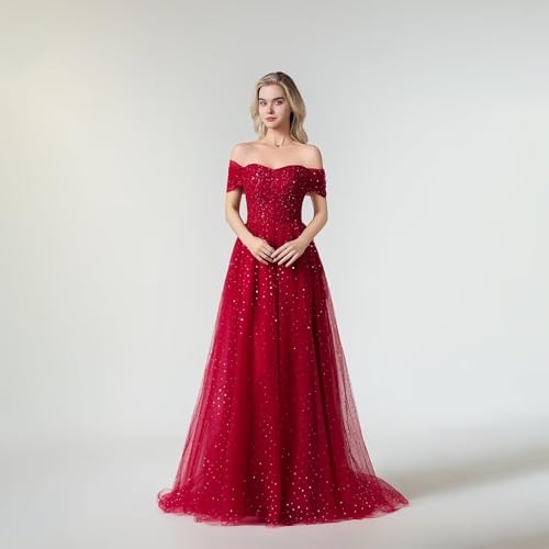 Sparkly Tulle Prom Dresses for Women Long Off Shoulder A-Line Formal Evening Party Gowns Masquerade Dresses