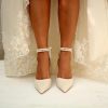 Closed Toe Pearl Heels Satin Wedding Shoes for Bride High Heels with Bow Chunky Block Heels for Women Prom Evening Party Dress