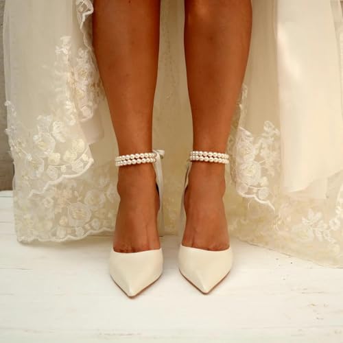 Closed Toe Pearl Heels Satin Wedding Shoes for Bride High Heels with Bow Chunky Block Heels for Women Prom Evening Party Dress
