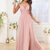 Chiffon Bridesmaid Dresses for Women Long V Neck Formal Evening Dresses with Slit