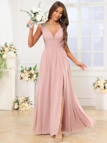 Chiffon Bridesmaid Dresses for Women Long V Neck Formal Evening Dresses with Slit