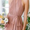 Women's Halter Chiffon Bridesmaid Dresses Long Simple A-Line Evening Formal Dresses with Belt CYM032