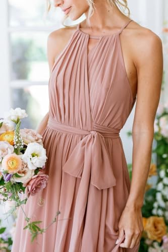 Women's Halter Chiffon Bridesmaid Dresses Long Simple A-Line Evening Formal Dresses with Belt CYM032