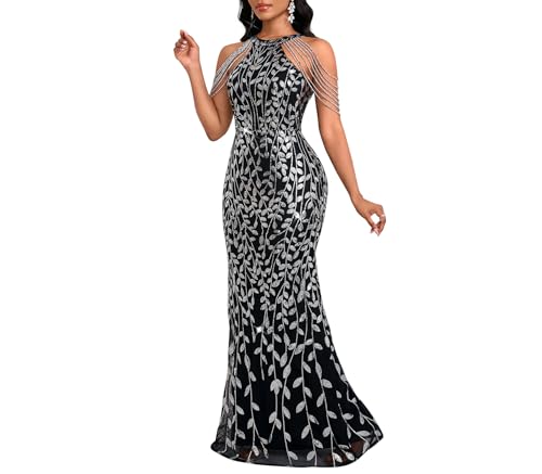 Women Sexy Elegant Sequin Tassel Off Shoulder Halter Bodycon Maxi Dress Party Evening Gown Formal Dress