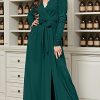 Womens Long Sleeve V-Neck High Slit Cocktail Evening Gown Maxi Dress