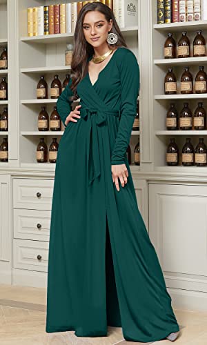 Womens Long Sleeve V-Neck High Slit Cocktail Evening Gown Maxi Dress
