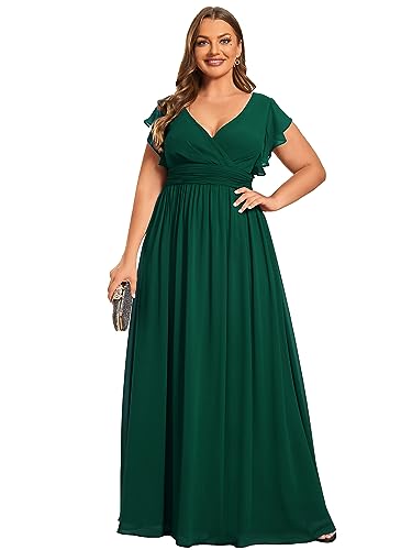 Women's Summer Chiffon Ruffles Sleeve Pleated Back Cutout Plus Size Bridesmaid Dresses Formal Gowns